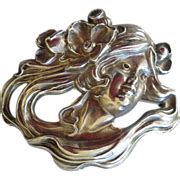 SALE Sensational Art Nouveau Sterling Silver Lady Face Pin Brooch Large ...