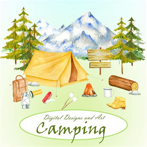 Watercolor Camping Item Clipart Forest and Mountains Clipart | Etsy | Clip art, Digital ...