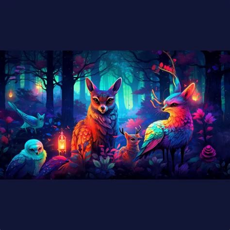 Neon Forest Animal Scene that Illuminates the Wilderness in Vibrant ...