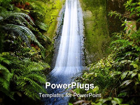 Waterfall flowing down wall in tropical jungle PowerPoint Template ...