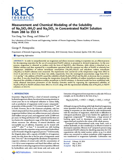 (PDF) Measurement and Chemical Modeling of the Solubility of Na2SiO3 center dot 9H(2)O and ...