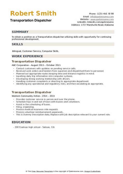 Transportation Dispatcher Resume Samples | QwikResume