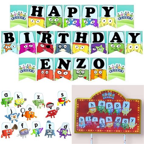 AlphaBlocks Theme Birthday Party Banner Cupcake Cake Topper Decoration Alpha Blocks Personalized ...