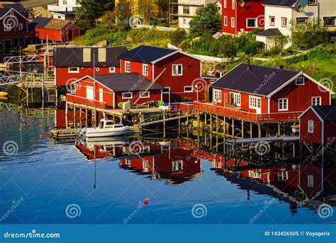 Norwegian Fishing Village Red Huts, Reine Lofoten Norway Editorial Image - Image of mountains ...