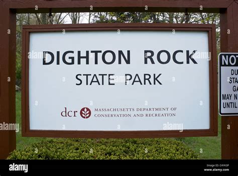 A State Park sign marks the location of historic Dighton Rock at the entrance to Dighton Rock ...