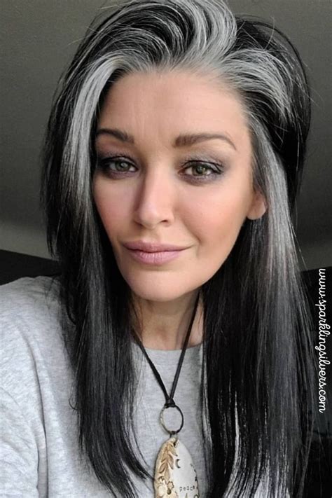 Black And Silver Hair, Long Gray Hair, Dark Hair, Grey Hair With Bangs, Blending Gray Hair ...