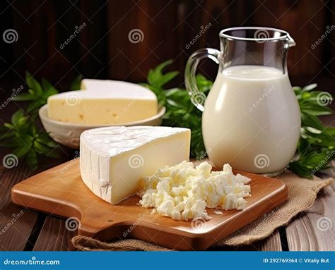 Table with Board of Different Types of Fresh Cheeses, Milk and Herbs ...