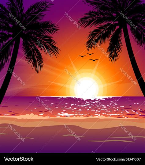 Warm tropical beach sunset with palm trees Vector Image