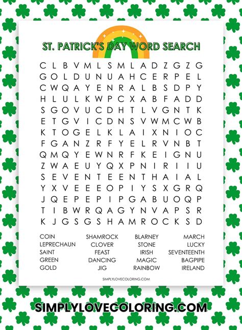 6 St. Patrick's Day Word Search Puzzles (Free PDF Printables) - Simply Love Coloring