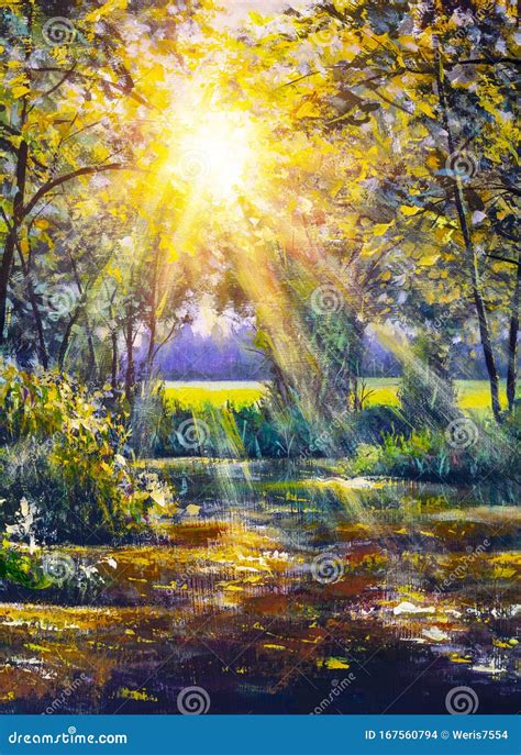 Painting Sunny Forest in Autumn Stock Photo - Image of classic, modern: 167560794