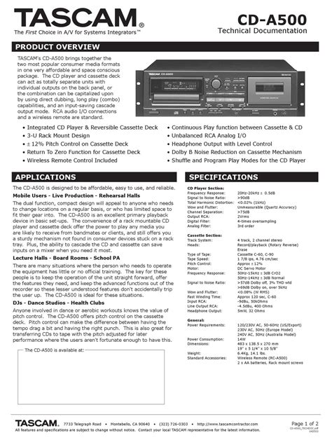 TASCAM CD-A500 TECHNICAL DOCUMENTATION Pdf Download | ManualsLib