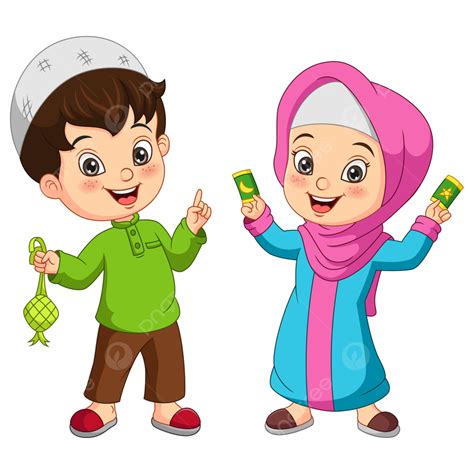 Gambar Kartun Anak Muslim Bahagia Memegang Ketupat, Puasa, Ilustrasi ...