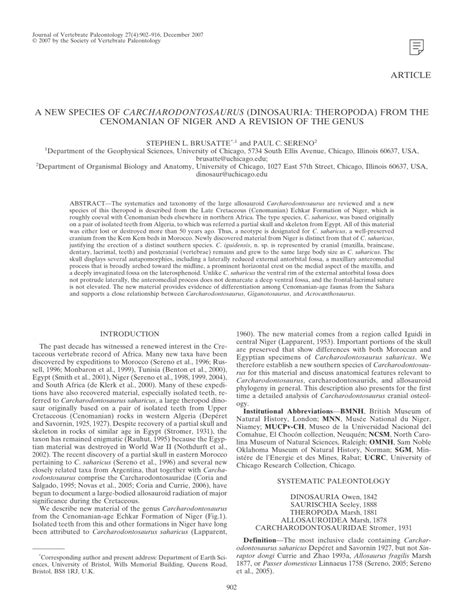 (PDF) A new species of Carcharodontosaurus (Dinosauria: Theropoda) from the Cenomanian of Niger ...