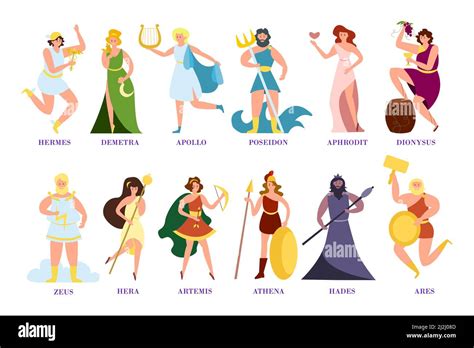 Ancient Greek gods and goddesses cartoon illustration collection. Zeus, Poseidon, Athena ...