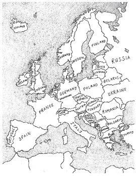 a map of europe with countries labeled in black and white