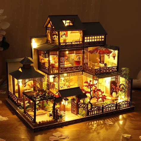 SELLCLUB 1:24 Scale LED Light DIY Miniature Wooden Villa Dollhouse Kit with Furniture for Kids ...