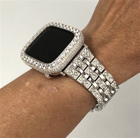 Silver Apple Watch Band 38mm/40mm 42mm/44 Mens Womens Crystal Rhinestone/Lab Diamond 3.5mm Bezel ...