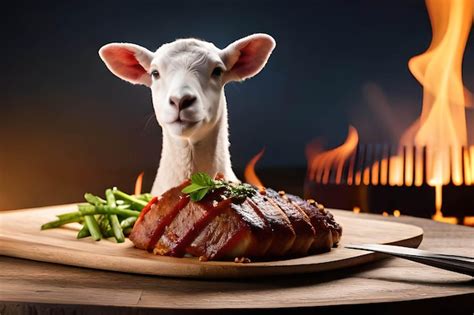 Premium Photo | A goat looks at a plate of meat with a roast beef dish on it