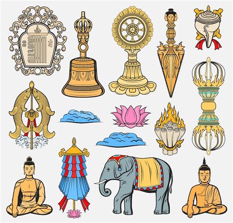 Premium Vector | Buddhism religion symbols, sacred signs icons