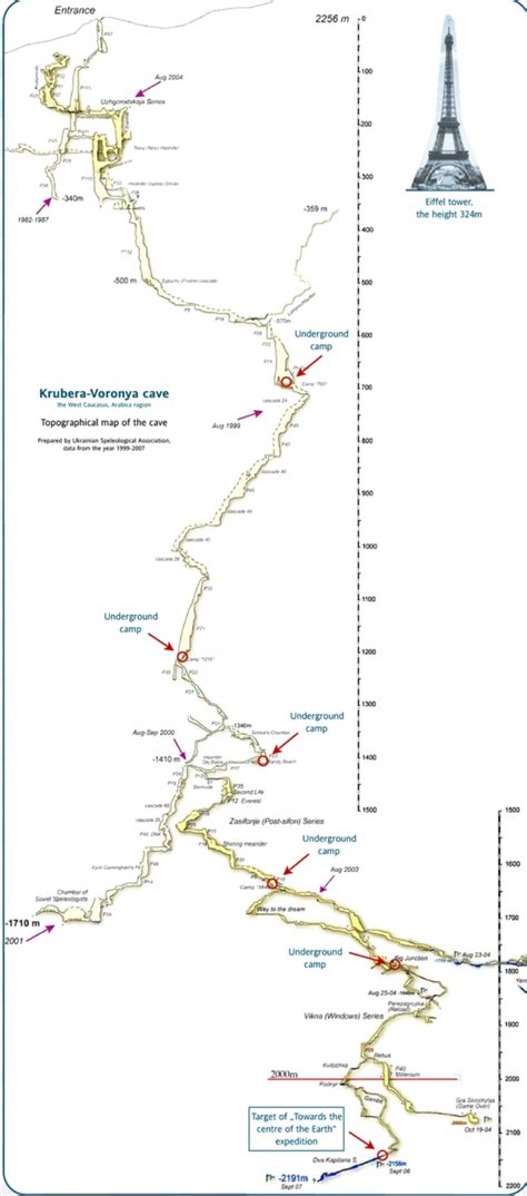 Map of the 2191 meter deep Krubera cave. The deepest known cave system ...