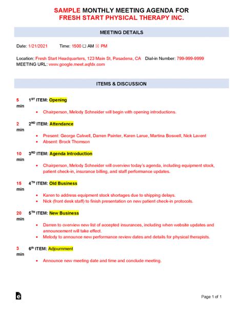 Free Monthly Meeting Agenda Template | Sample - PDF | Word – eForms