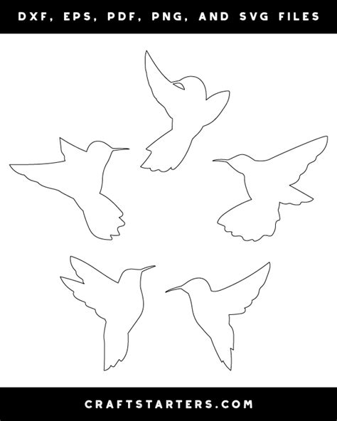 Flying Hummingbird Outline Patterns: DFX, EPS, PDF, PNG, and SVG Cut Files