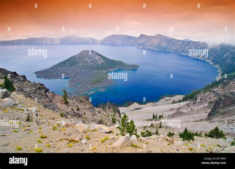 Crater lake with caldera of the volcano Mount Mazama, Crater Lake National Park, Oregon, USA ...