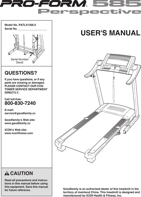 Proform Patl413060 585 Perspective Treadmill Users Manual *PFTL79022 201014