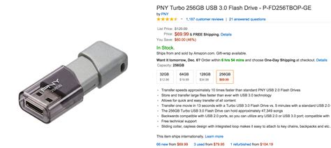 PNY Turbo 256GB USB 3.0 Flash Drive: $70 shipped (50% off) 128GB: $35 ...