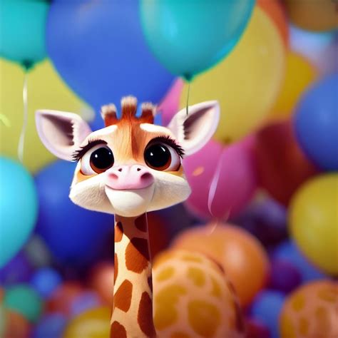 Premium Photo | Cute baby giraffe with balloons happy birthday greeting ...