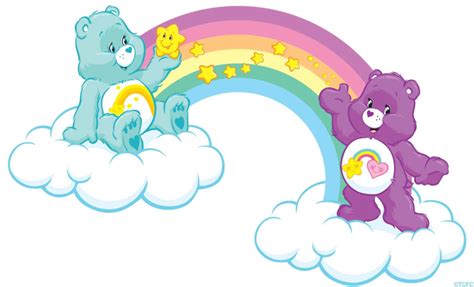 two teddy bears sitting on clouds with a rainbow in the background