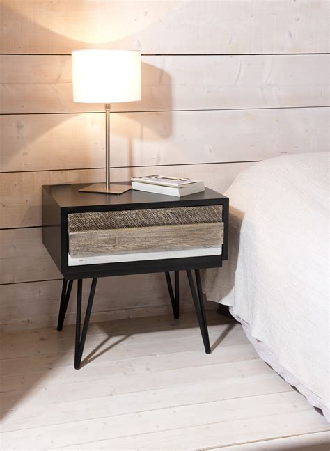 Table de chevet en Acacia massif noir 1 tiroir bandes teintes variées et pieds métal noir ...