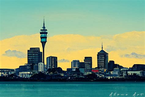 Auckland Cityscape Ocean Sky Painting Graphic by Alone Art · Creative ...