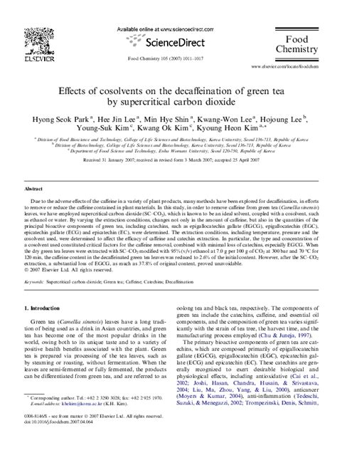 (PDF) Effects of cosolvents on the decaffeination of green tea by supercritical carbon dioxide ...