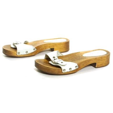 Wooden Clog Sandals Vintage White Leather Slip On Open Toe Flip Flops Mules Women's Size 7 ...