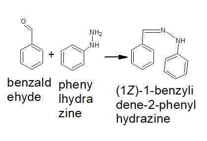 Write an equation for the reaction of benzaldehyde with phenylhydrazine. | Homework.Study.com