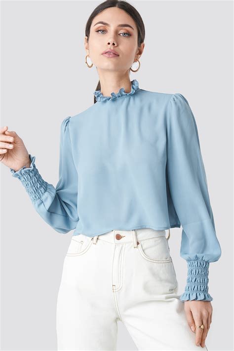 Frill High Neck Blouse Dusty Light blue | na-kd.com