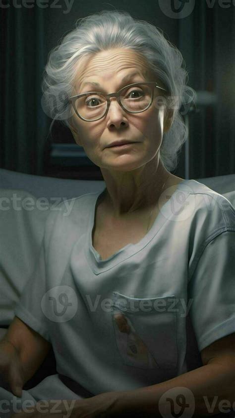 AI Generative Older mature woman holding taking optical glasses from bedside table waking up in ...
