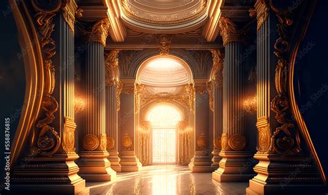 A realistic fantasy interior of the palace. golden palace. castle interior. Fiction Backdrop ...