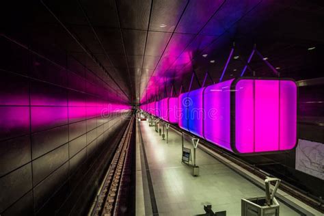 Subway Station with Light Blue Lights at University on the Speicherstadt Area in Hamburg ...