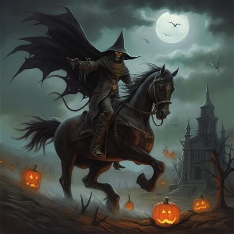 Premium AI Image | A painting of a witch riding a horse with pumpkins ...