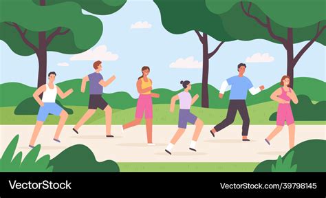 Cartoon group of people jogging in city park race Vector Image