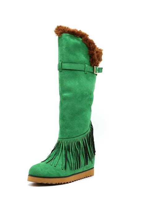 Fringed Suede Winter Boots - Green - CL12O1GU97S | Winter boots, Boots, Winter boots women