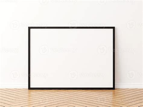 Black horizontal frame mockup on the wooden floor. 3d rendering. 3821807 Stock Photo at Vecteezy