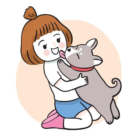 Dibujar a mano dibujos animados lindo niña abrazo perro vector. 3216796 ...