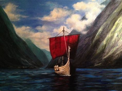 a painting of a boat in the water with mountains in the background and ...