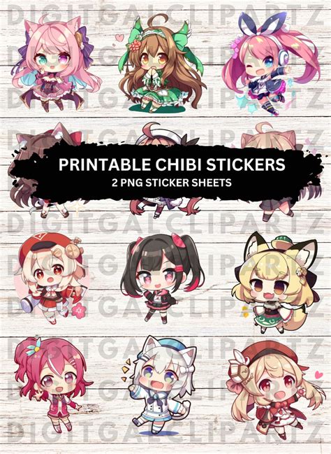 Cute Chibi Anime Girls Printable Stickers PNG Download Digital Designs ...