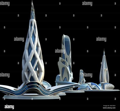 Futuristic buildings for a city skyline with organic architectural design, for science fiction ...