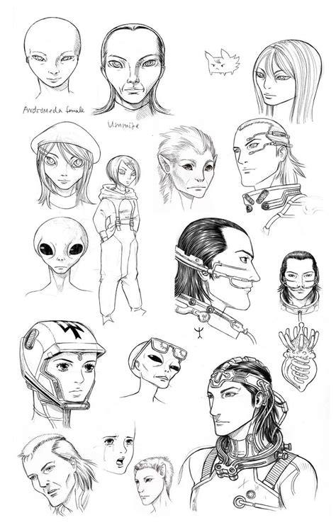 Sketches of various races, Andromedans, Pleiadians, Ummities, Aldebarans. One can be seen ...