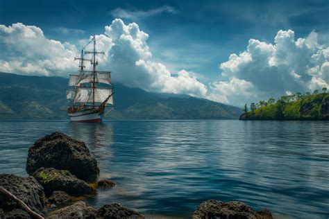 Wallpaper Danau Toba, 4k, HD wallpaper, Indonesia, sailing ship, rocks, sea, ocean, lake, water ...